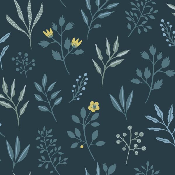 Estahome Bloemmotief Behang - Scandinavische stijl - 0,53 x 10,05 m - Donkerblauw / Okergeel