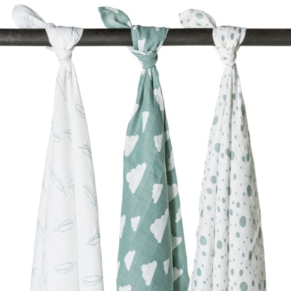 Meyco Feather Swaddle Jade  / Wit 3 Stuks