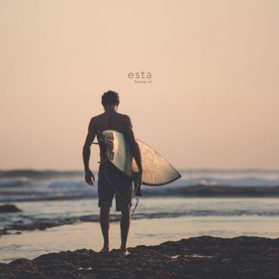Estahome Surfer Met Surfplank Fotobehang  - 1,86 x 2,79 m - Avondrood / Blauw / Zwart